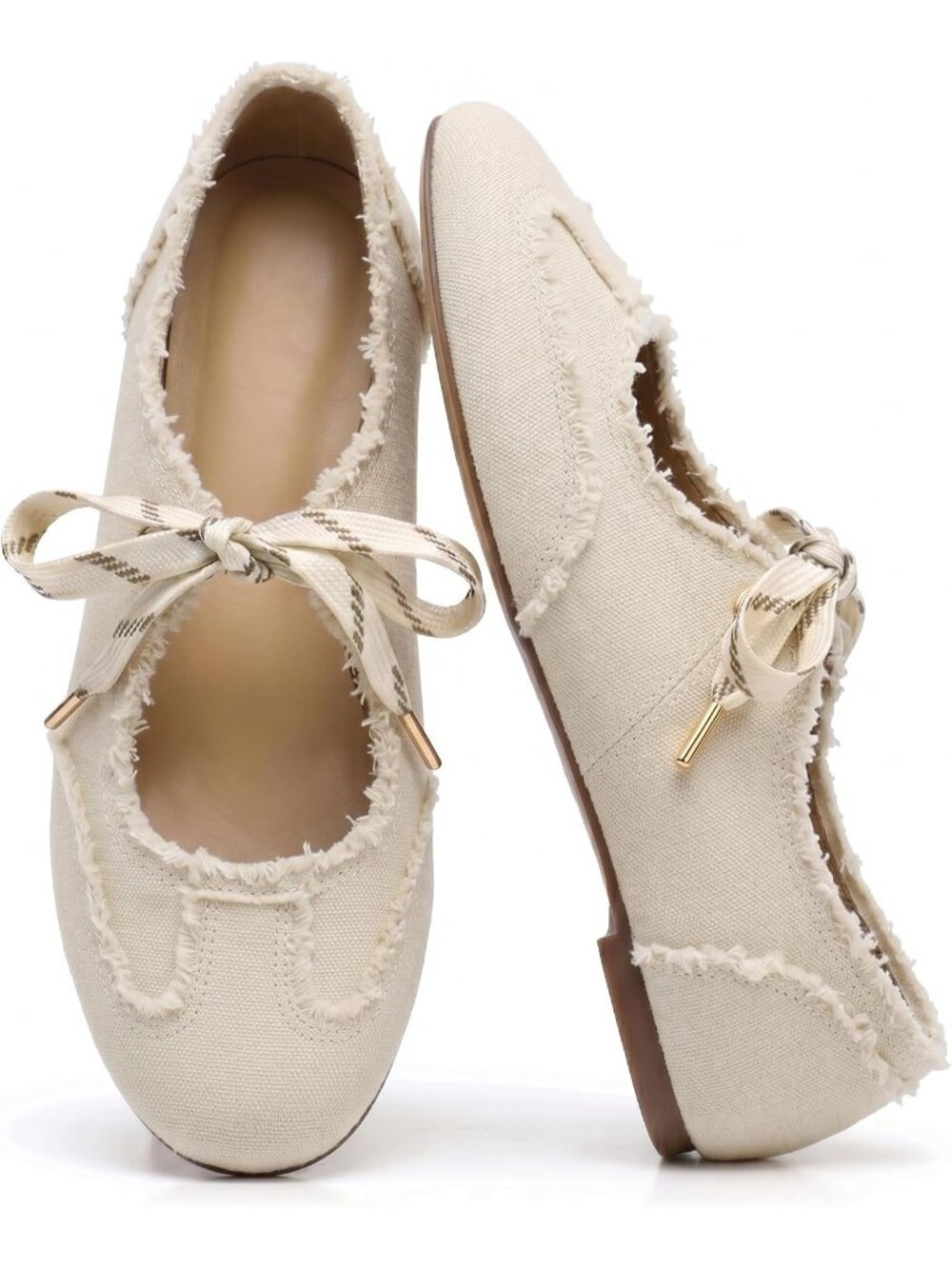 Women's Canvas Beige Round Toe Mary Jane Ballerina Lace Up Flat Sneaker Shoes